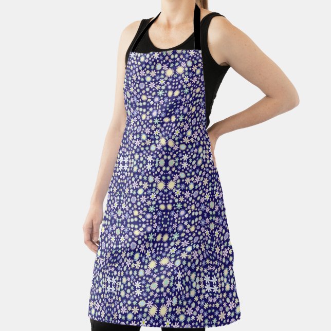 Blue Whimsical Colourful Flowers Apron (Insitu)