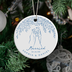 Blue Whimsical Couple Our First Christmas Married Ceramic Tree Decoration