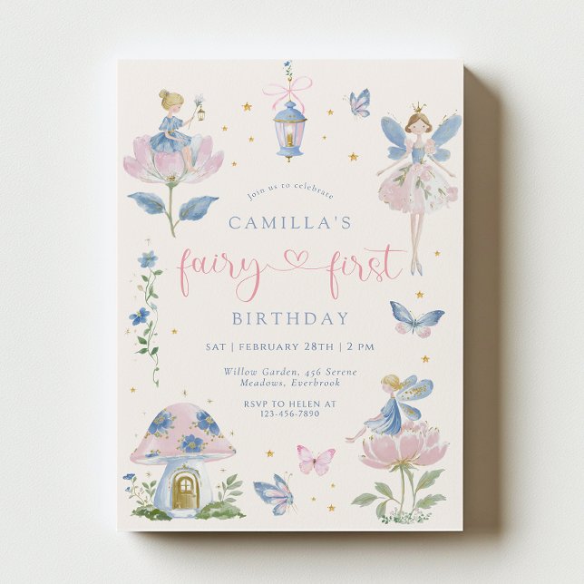 Blue Whimsical Fairy First Birthday Invitation (Creator Uploaded)