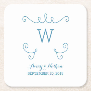 Blue Whimsical Flourish Monogram Paper Coasters