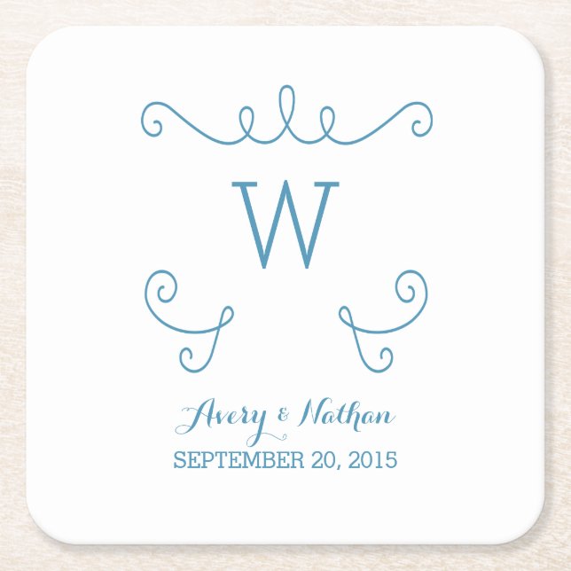 Blue Whimsical Flourish Monogram Paper Coasters (Front)
