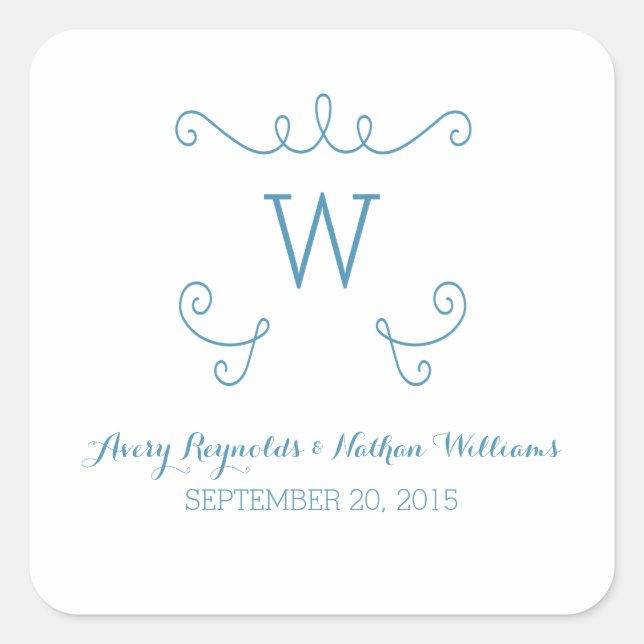 Blue Whimsical Flourish Monogram Wedding Square Sticker (Front)