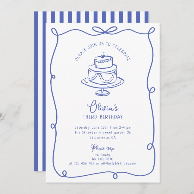 Blue whimsical frame with bow birthday invitation (Front/Back)