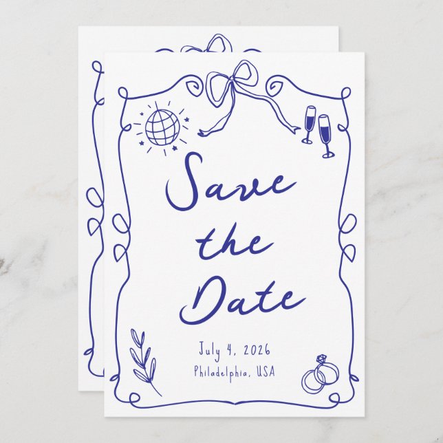 Blue Whimsical Fun Quirky Hand drawn Wedding Save The Date (Front/Back)