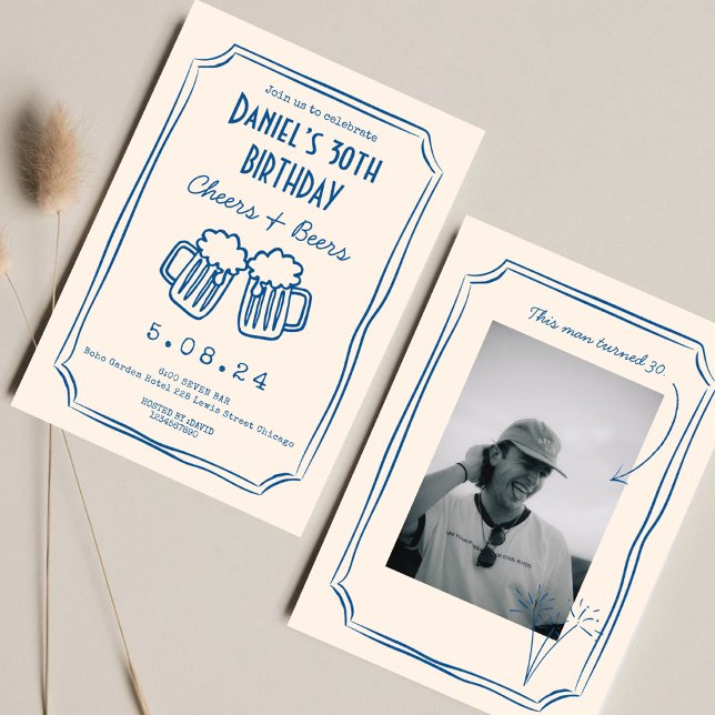 Blue Whimsical Funky Cheers Beers 30 th Birthday  Invitation (Creator Uploaded)