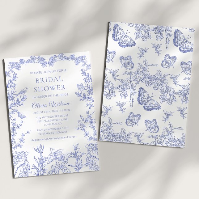 Blue whimsical Garden Chinoiserie Bridal Shower Invitation (Cobalt Blue whimsical Chinoiserie Floral Bridal Shower Invitation)