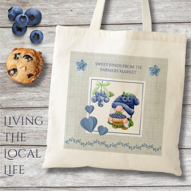 Blue Whimsical Gnome Blueberry Farmers Market Tote Bag (Grab this charming gnome tote and make your next market haul the sweetest one yet!)