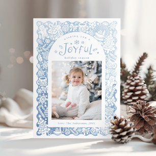 Blue Whimsical Hand Drawn Joyful Holiday Photo Card