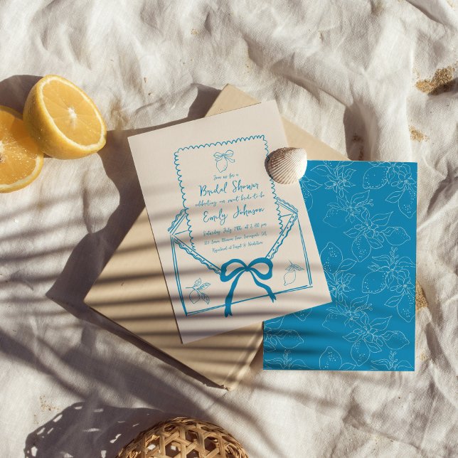 Blue Whimsical Hand Drawn Lemon Bridal Shower Invitation (Creator Uploaded)