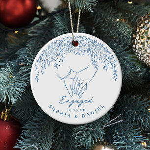 Blue Whimsical Hands Our First Christmas Engaged Ceramic Tree Decoration