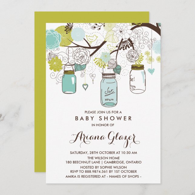 Blue Whimsical Mason Jars Baby Shower Invitation (Front/Back)