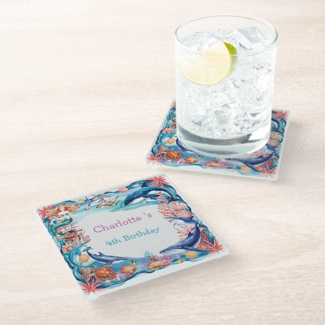 Blue whimsical mermaid whale fish shark birthday  glass coaster (Angled)