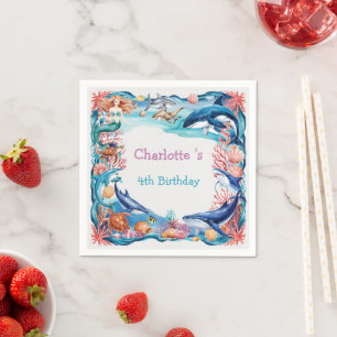 Blue whimsical mermaid whale fish shark birthday napkin