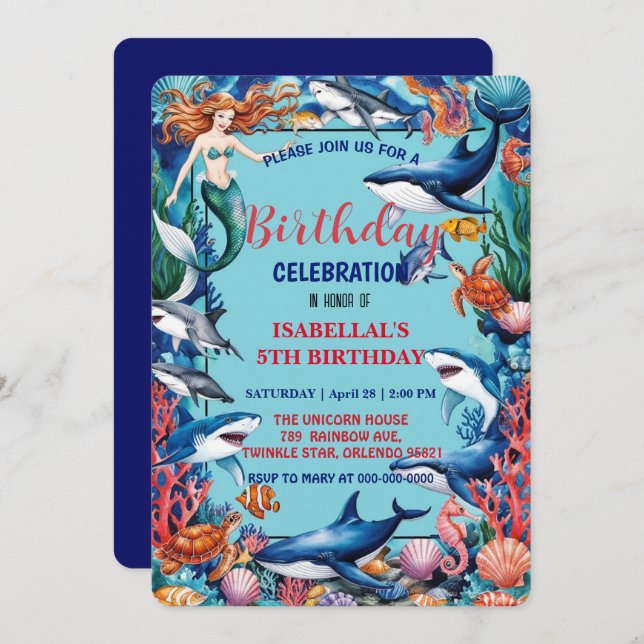 Blue whimsical mermaid whale fish shark birthday save the date (Front/Back)