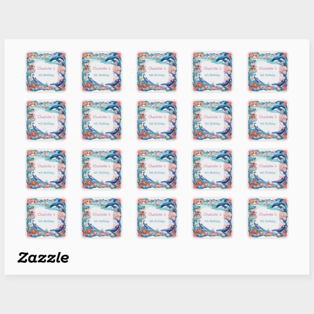 Blue whimsical mermaid whale fish shark birthday  square sticker (Sheet)