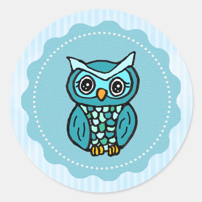 Blue Whimsical Owl Classic Round Sticker (Front)