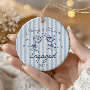 Blue Whimsical Striped Christmas Engaged Ceramic Tree Decoration