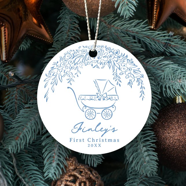 Blue Whimsical Stroller Baby's First Christmas Ceramic Tree Decoration (Blue Whimsical Stroller Baby's First Christmas Ceramic Ornament)