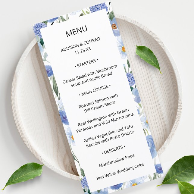 Blue Whimsical Watercolor Garden Wedding Menu (Creator Uploaded)