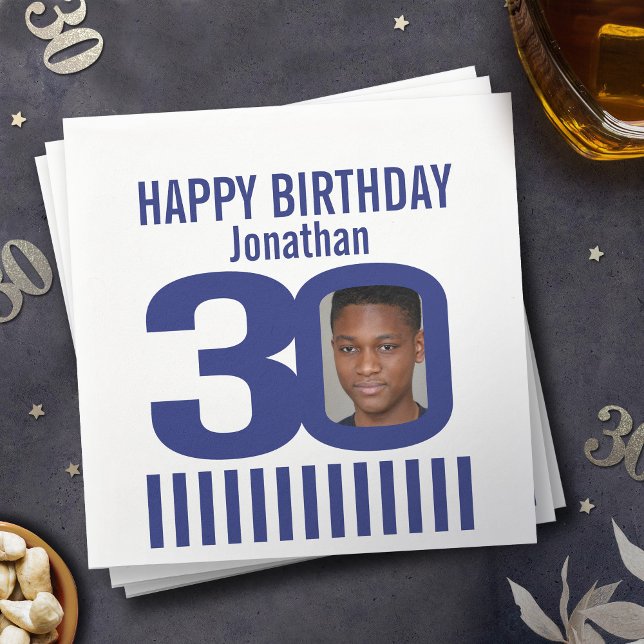 blue white 30th birthday stripe add your own photo napkin (Creator Uploaded)