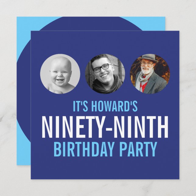 Blue white 99th photo birthday custom 3 photos invitation (Front/Back)