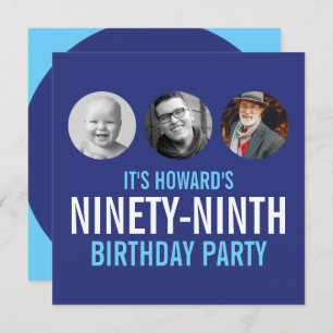 Blue white 99th photo birthday custom 3 photos invitation