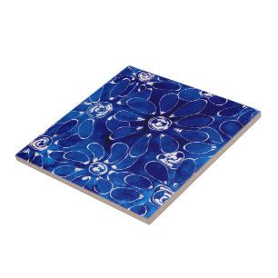 Blue White Abstract Floral Flower Flowers  Tile
