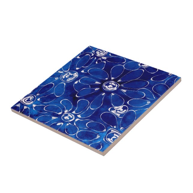Blue White Abstract Floral Flower Flowers  Tile (Side)