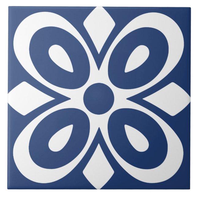 Blue white abstract floral geometric tile (Front)