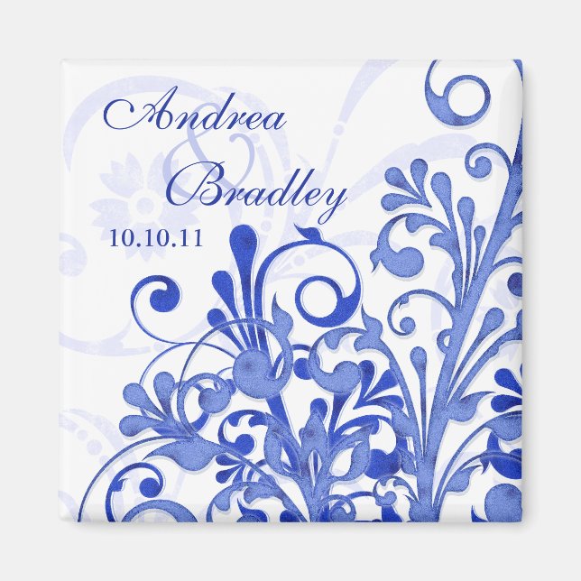 Blue & White Abstract Floral Wedding Magnet (Front)