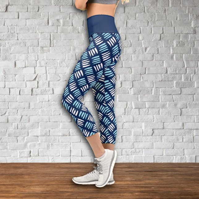 Blue White Abstract Paint Stripes Capri Leggings (Creator Uploaded)