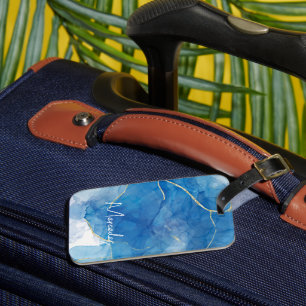 Blue & White Agate Marble Abstract Name Monogram Luggage Tag
