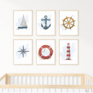 Blue White Anchor Nautical Ocean Theme Poster