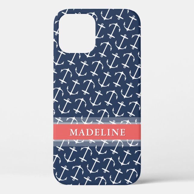 Blue White Anchor Pattern Coral Name Case-Mate iPhone Case (Back)