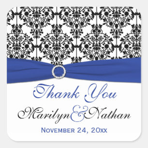 Blue, White, and Black Damask Thank You Sticker