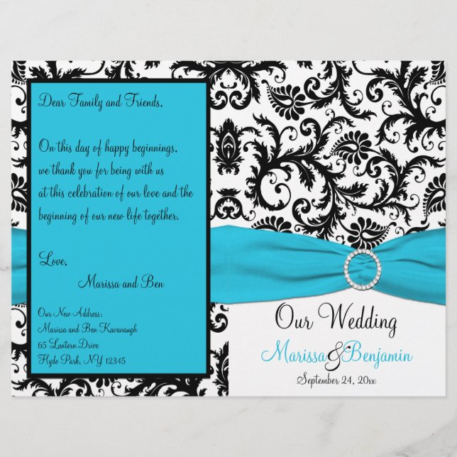 Blue, White, and Black Damask Wedding Program (Front)