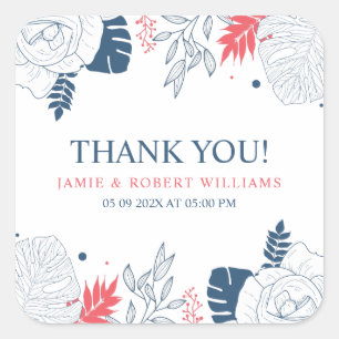 Blue white and coral-red tropical floral frame square sticker