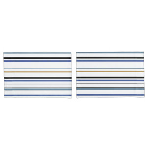 Blue white and gold Beach coastal stripes Pillow C Pillowcase