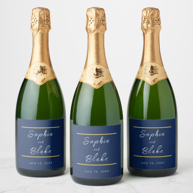 Blue, White and Gold Bride & Groom Wedding Sparkling Wine Label (Bottles)
