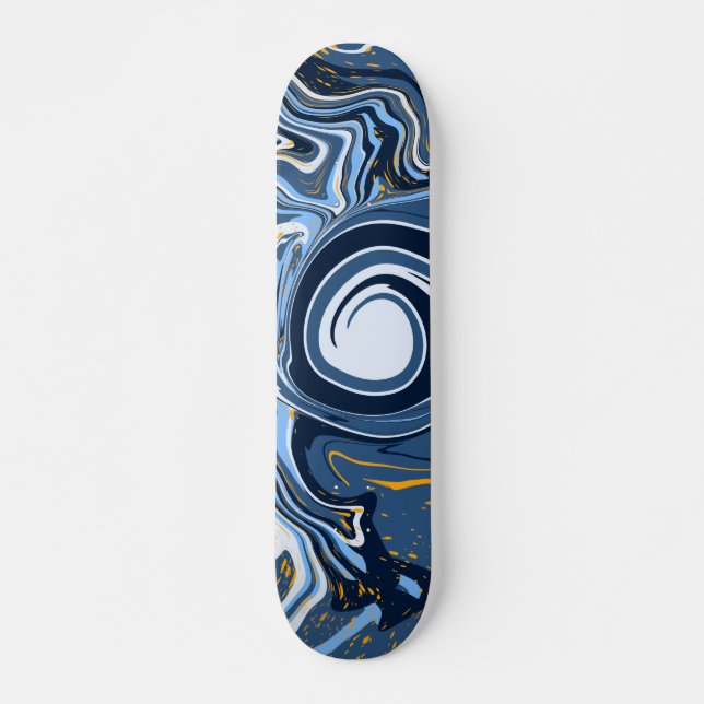 Blue, White and Gold Marble Fluid Art Skateboard (Front)