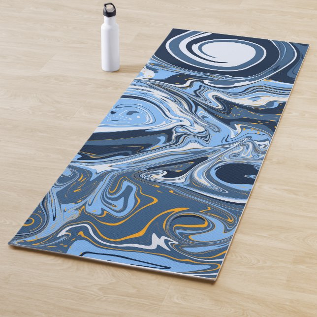 Blue, White and Gold Marble Swirls Fluid Art   Yoga Mat (In Situ)