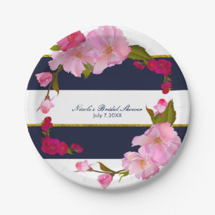 Blue White and Gold Modern Floral Chic Glam Party Paper Plate