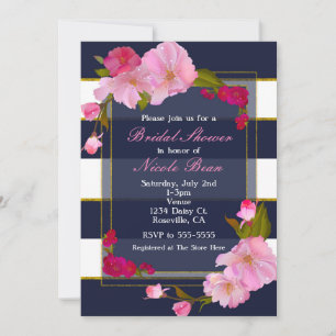 Blue White and Gold Modern Floral Chic Party Invitation