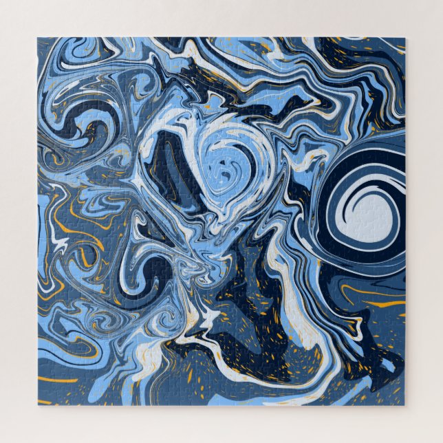 Blue, White and Gold Swirls Fluid Art Jigsaw Puzzle (Vertical)