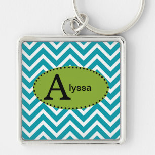 Blue White and Green Chevron Personalised Keychain