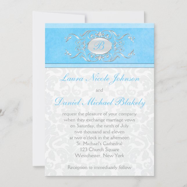 Blue, White, and Grey Damask Monogrammed Invitation (Front)