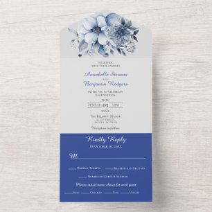 Blue White and Grey Floral Wedding All In One Invitation