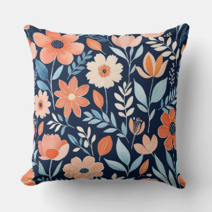 Blue, white and orange boho floral cushion
