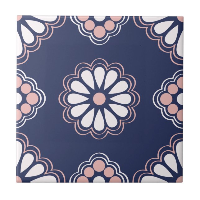 Blue, White and Pink Geometric Flowers Tile (Front)