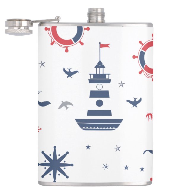 Blue, white and red nautical design hip flask (Opened)